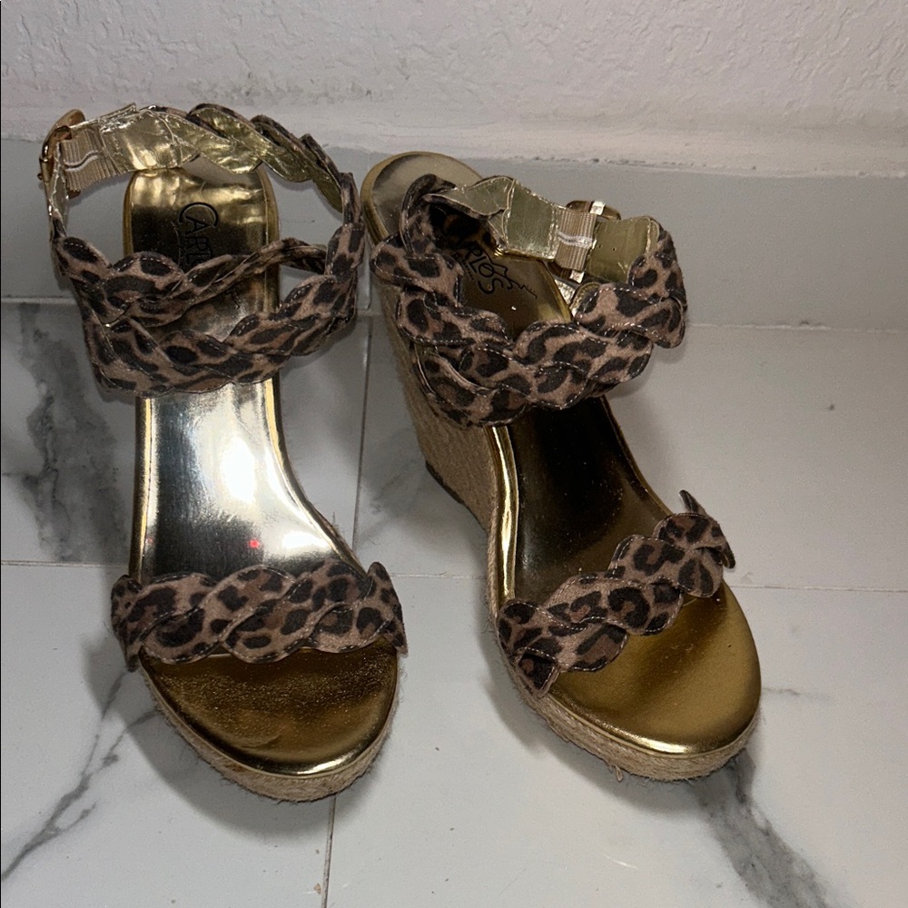 Carlos by Carlos Santana Gold Wedge Sandals with Leopard Braided Straps